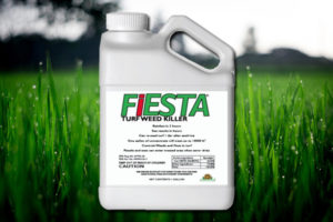 Fiesta Turf Weed Killer product bottle shown on picture of dew covered green lawn